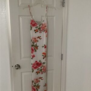 White Backless Slip Dress with Pink Floral Print